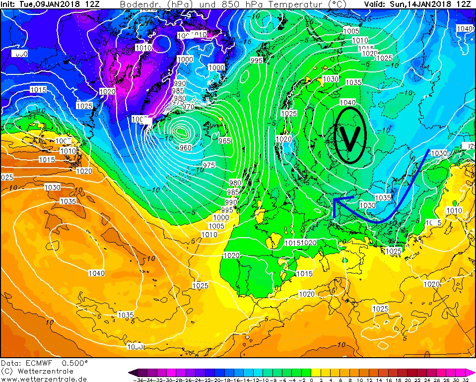 Kolem tlakové výše nad severovýchodní evropou, k nám bude proudit studený vzduch