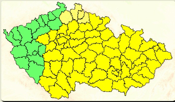 Výstražná informace platí pro většinu území kromě západních Čech