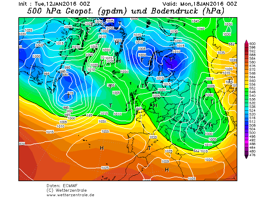 Teplota v hladině 500 hPa na začátku ledna 2016