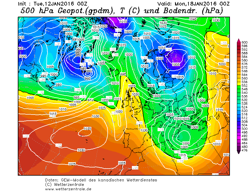 Situace v lednu 2016 nad evropou v hladině 500 hPa