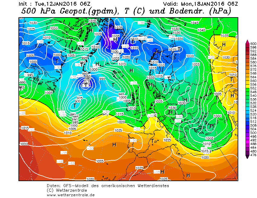 Výstup meteorologického modelu GFS v hladině 500 h Pa