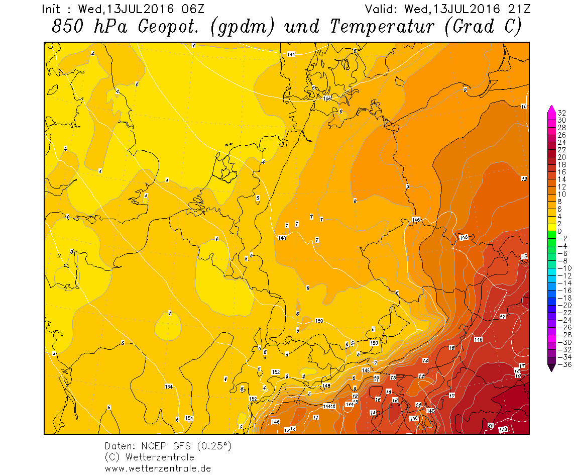 Předpověď teploty v hladině 850 hPa na další dny