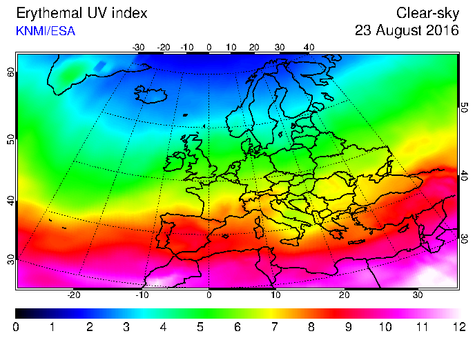 UV index nad Evropou 23.8.2016