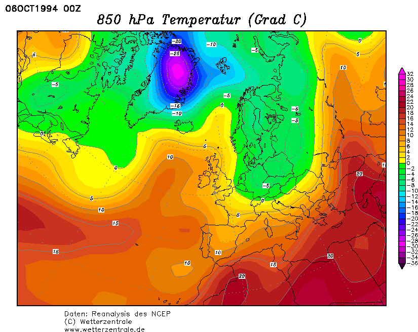 Teplota v hladině 850 hPa v roce 1994 nad evropou