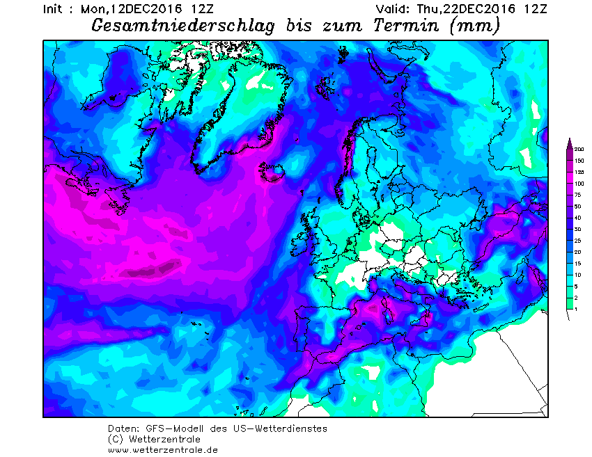 Sumace srážek nad evropou dne 22.12.2016