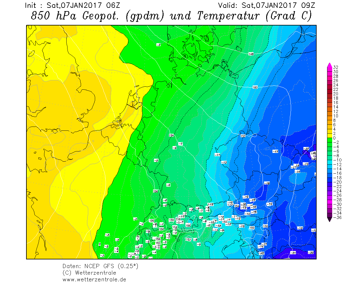 Rozložení teplot ve středí Evropě, leden 2017