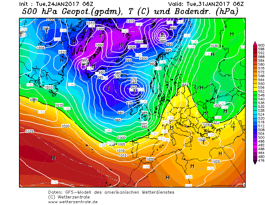 Situace v Evropě dle modelu GFS pro 31. leden 2017