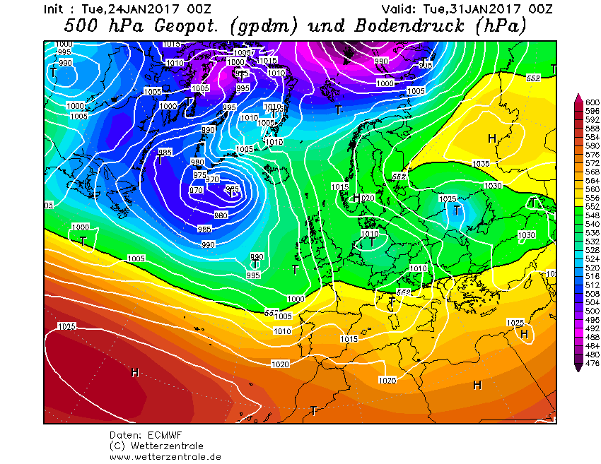 Teplota vzduchu v hladině 500 hPa pro 31. ledna 2017