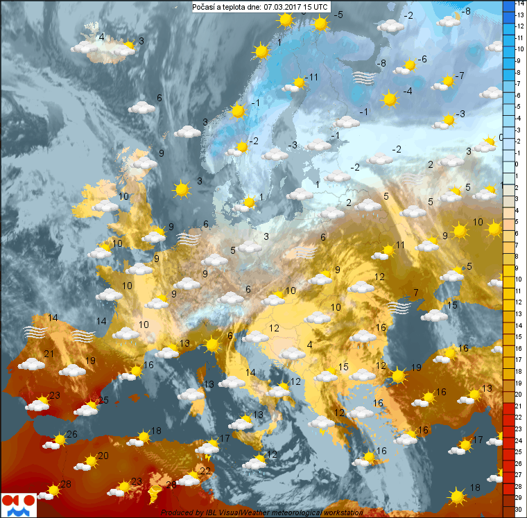 Počasí a teplota v Evropě 7. března 2017
