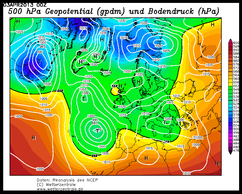 Teplota zvudhuc v hladině 500 hPa dne 3.4.2013