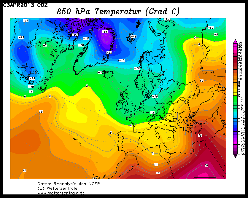 Teplota vzduchu v hladině 850 hPa dne 3.4.2013