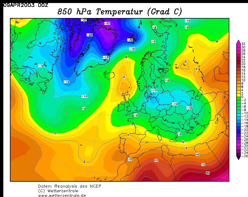 Teplota vzduchuv hladině 850 hPa dne 9. dubna 2003