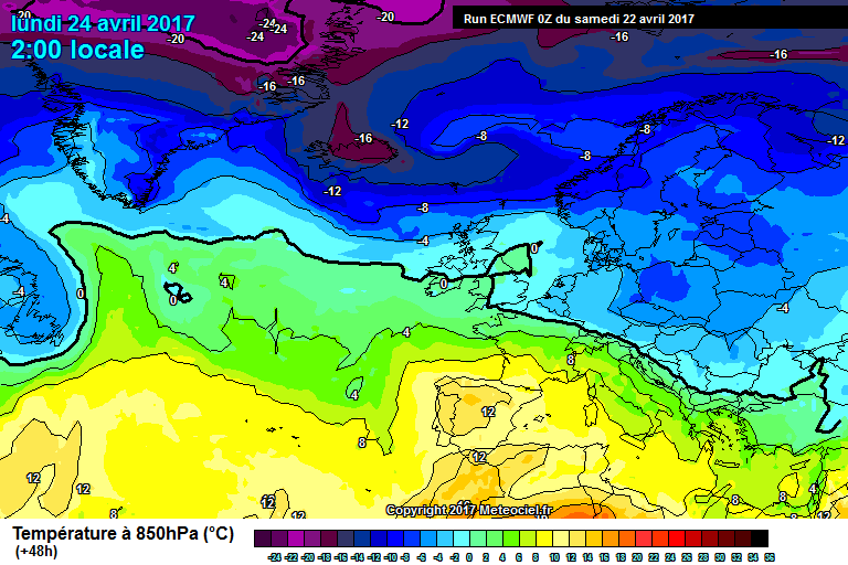 Teplota vzduchu v hladině 850 hPa nad Evropou 24. duben 2017