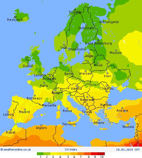 Honoty UV indexu pro 10. březen nad Evropou