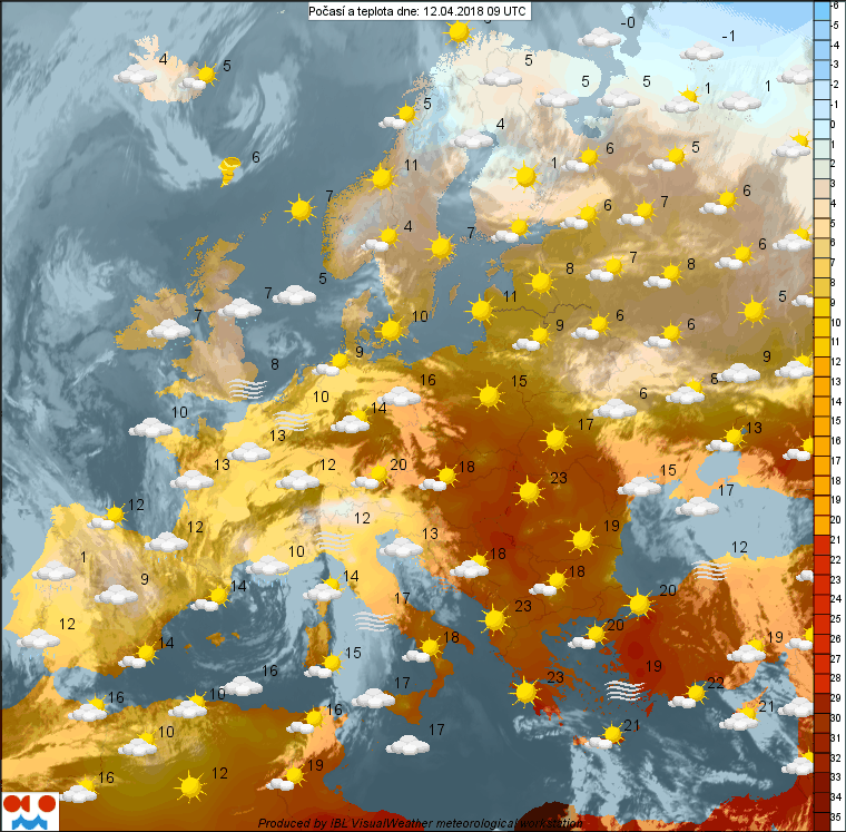 12. dubna 2018 počasí nad Evropou