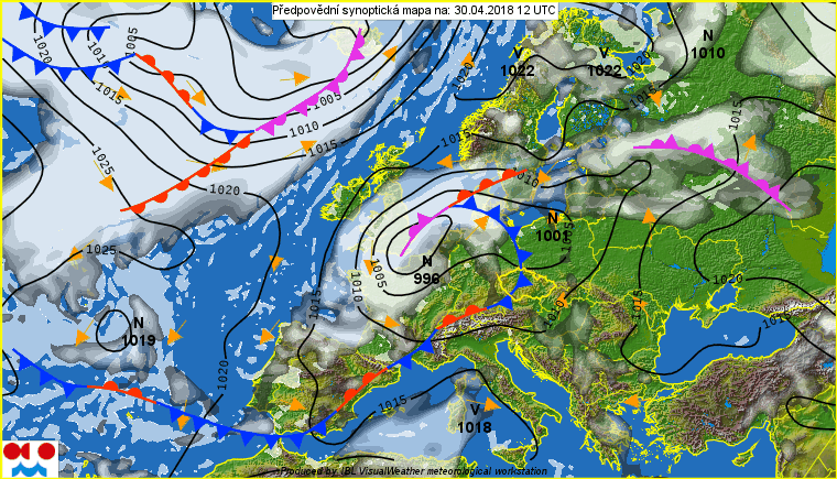 Synoptická situace nad našim územím v pondělí