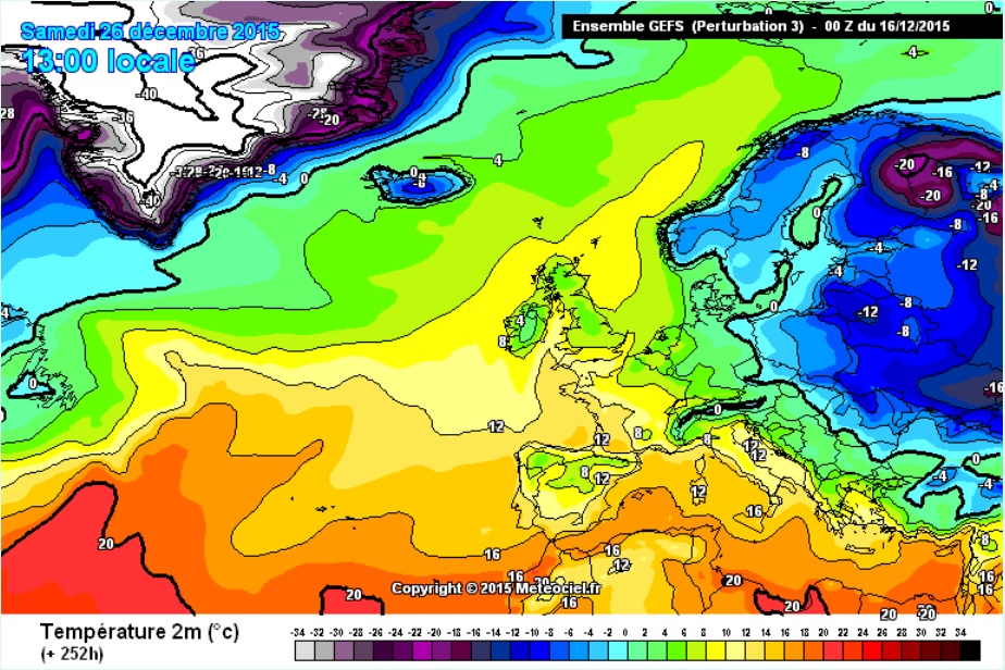 Teplota o Vánocích roku 2016 v Evropě podle meteorologického modelu