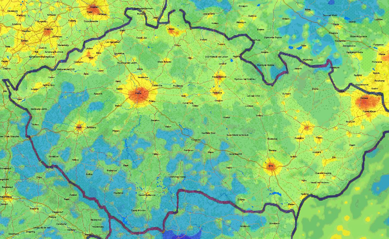 Mapa světelného znečištění nepůsobí pro nás moc lichotivě