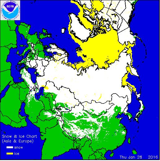 Aktuální sněhová pokrývka a zalednění podle dat NOA na severní polokouli
