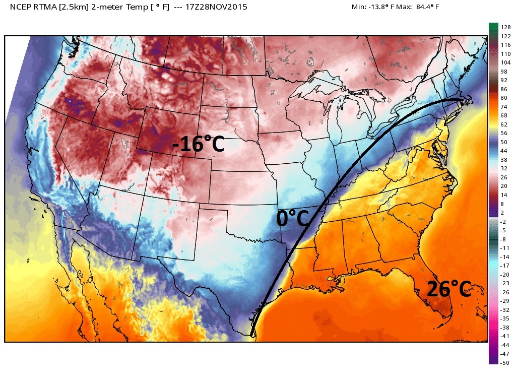 Frentální rozhraní nad USA, teplý jihovýchod vs studený severozápad