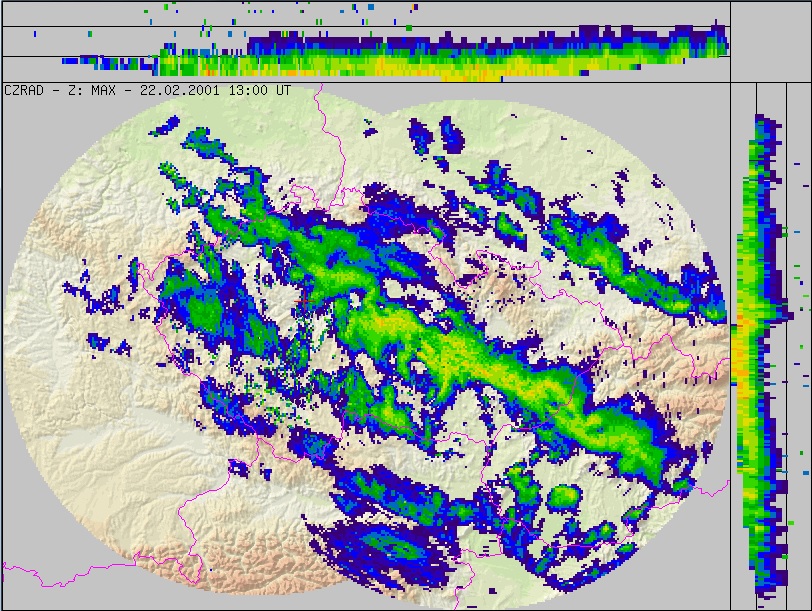 Radarové odrazy srážek, únor 2001