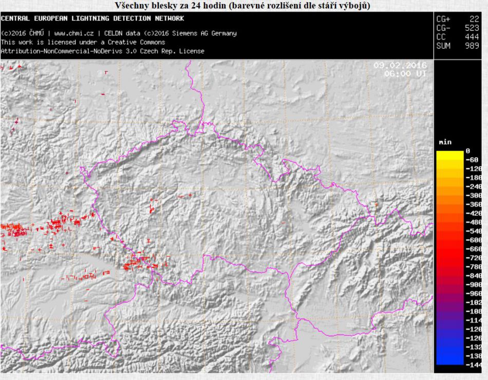 Aktuální výskyt blesků nad naším územím, nejvíce na jihozápadě Čech