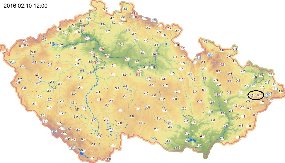 Ranní teploty v únoru 2016