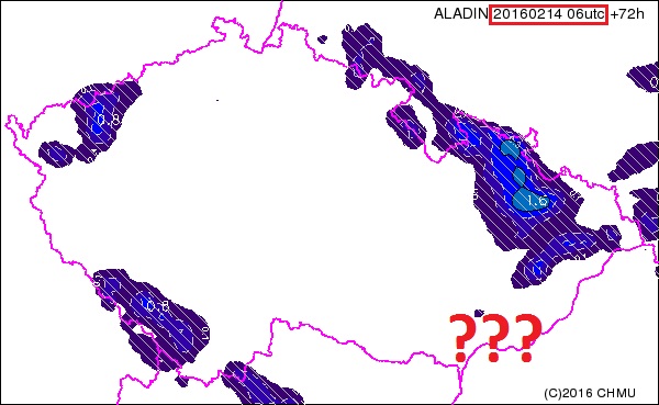 Výskyt srážek podle předpovědního meteorologického modelu aladin