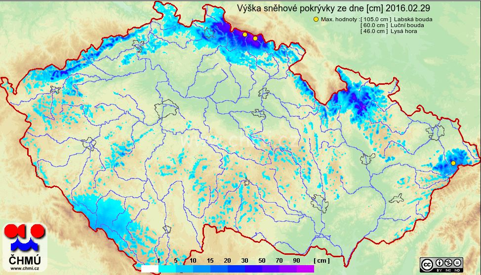 Výška sněhové pokrývky na konci února 2016