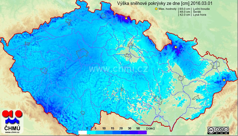 Výška sněhové pokrývky u nás 1. března 2016