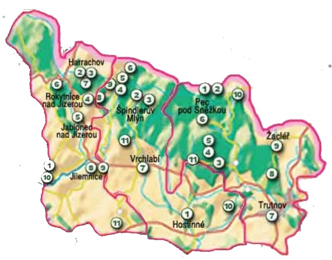 Mapa turistické oblasti na severu Čech