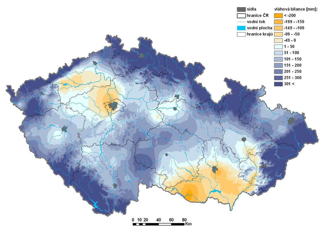 Vláhová bilance nad naším územím ukazuje velké lokální rozdíly