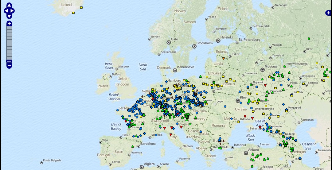 Mapa rozložení stanic nad Evropou