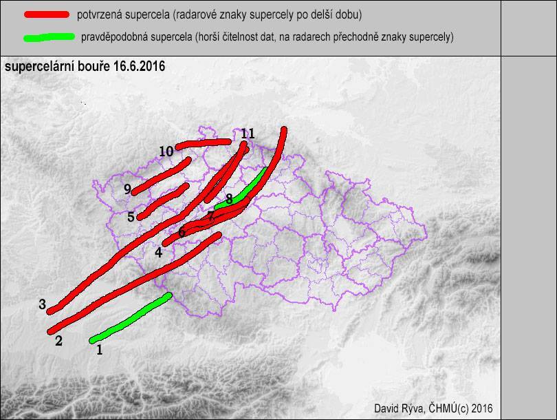 Výskyt supercel a jejich dráhy nad územím Čech
