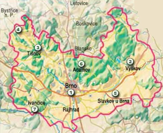 Mapa tusristické oblasti v okolí Brna