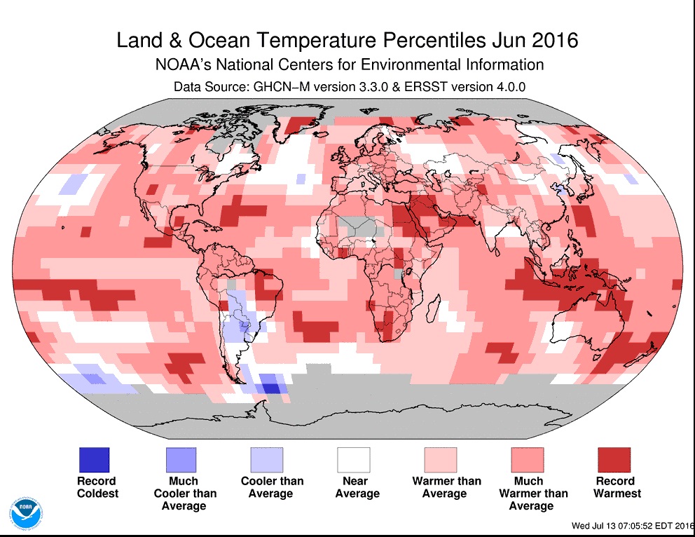 Nadprůměrné teploty v celém světě v červnu roku 2016