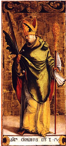Vyobrazení svatého Cypriána na obraze se svými atributy