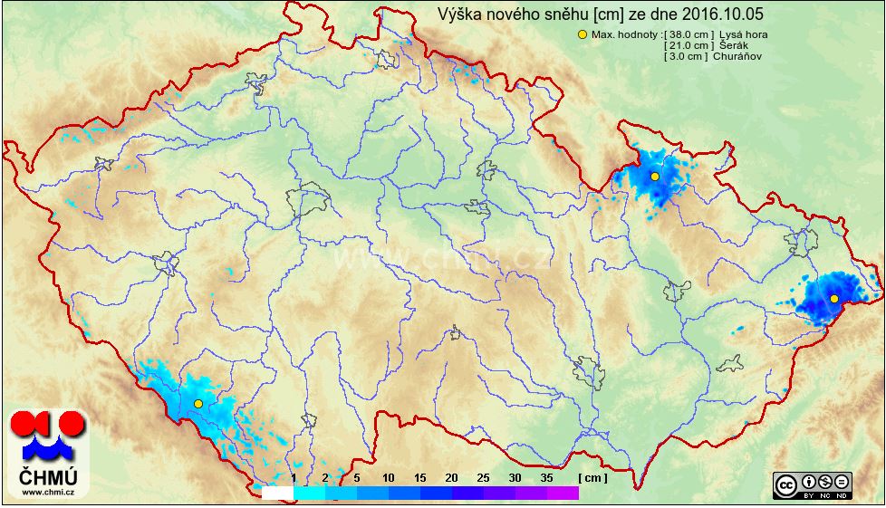 Výška sněhové pokrývky v říjnu 2016 na našich horách, nejvíce sněhu leží v Jeseníkách