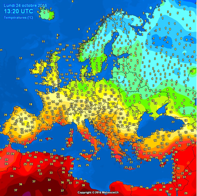 24. října 2016, přehled teplot nad evropou