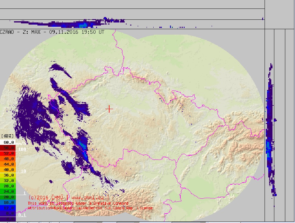 Slabé radarové odrazy srážek jsou viditelné pouze na západě Čech