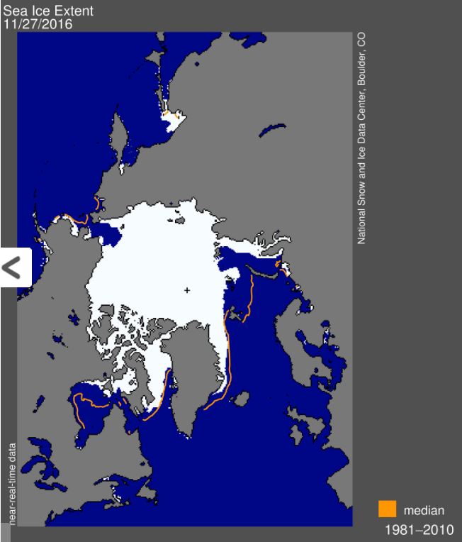 Porovnání rozlohy ledu v Arktidě v roce 2016 a v historii