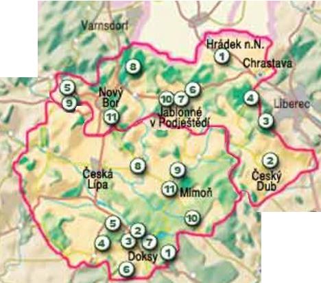 Mapa turistické oblasti na severu Čech