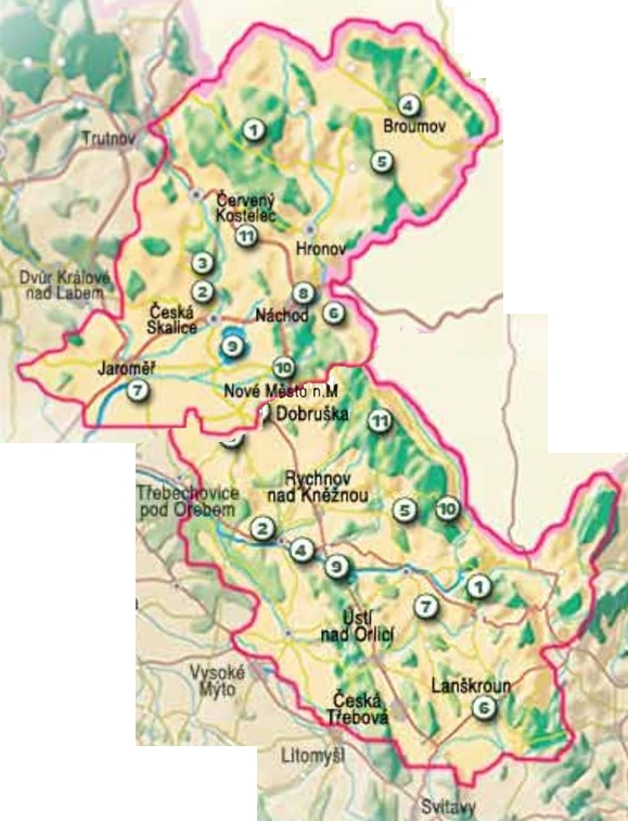 Mapa turistické oblasti na severovýchodě Čech