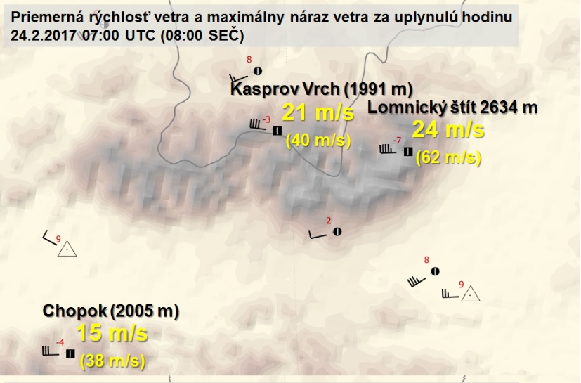 Nárazy větru ve Vysokých Tatrách na Lomnickém Štítě dne 24. února 2017