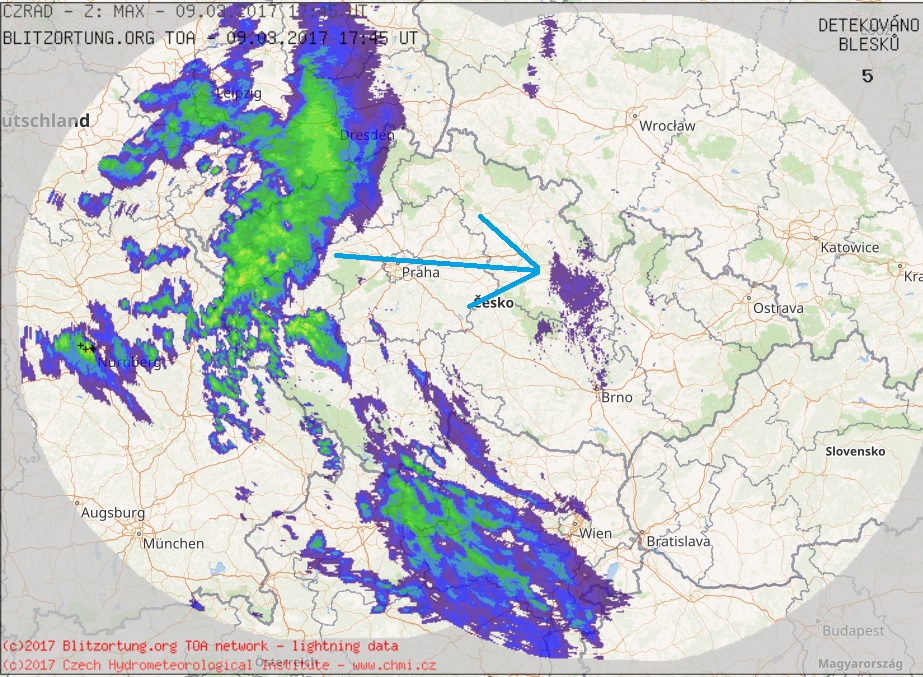 Radarové odrazy srážek 9. března 2017 v České republice