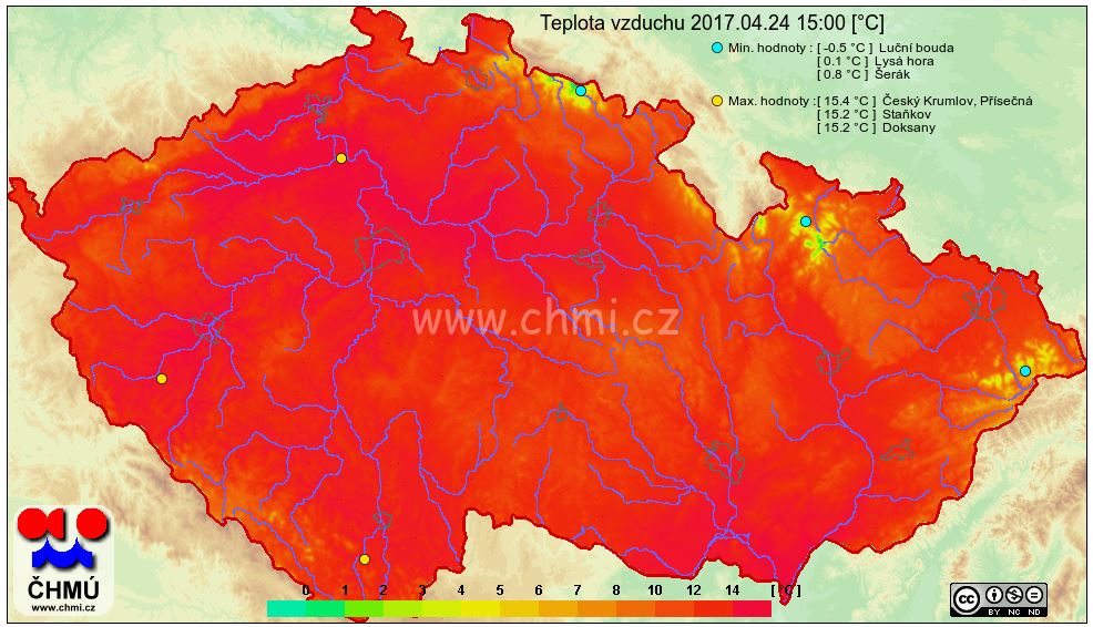 Teplota vzduchu ve 2 m nad zemí 24.4.2017