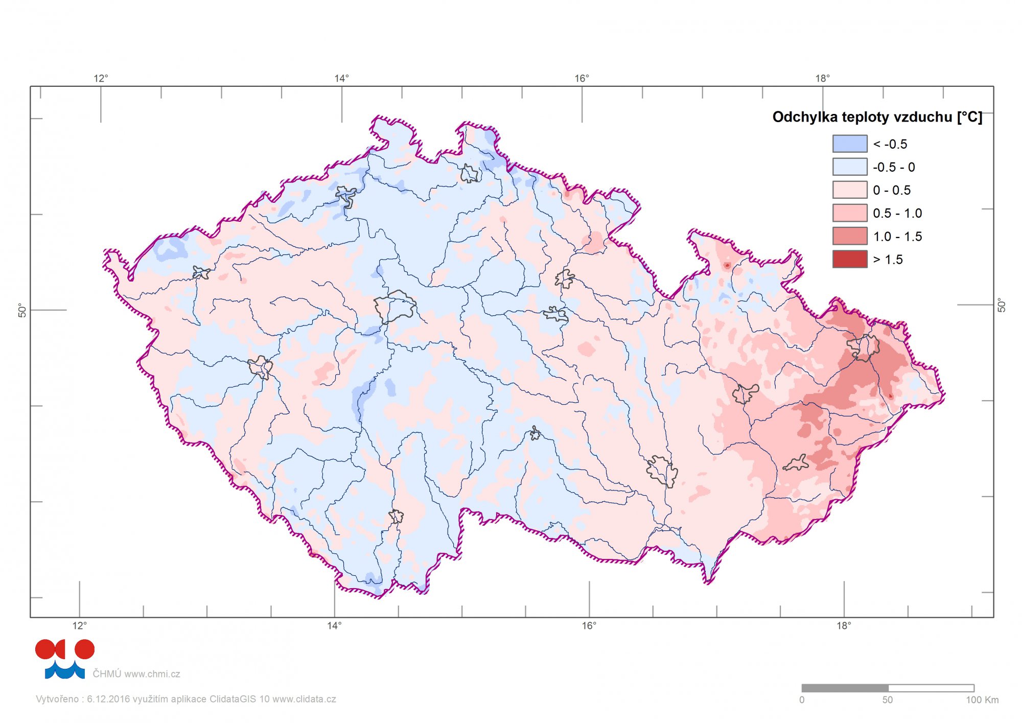 Odchylka teploty vzduchu na našem území od normálu na přehledové mapce