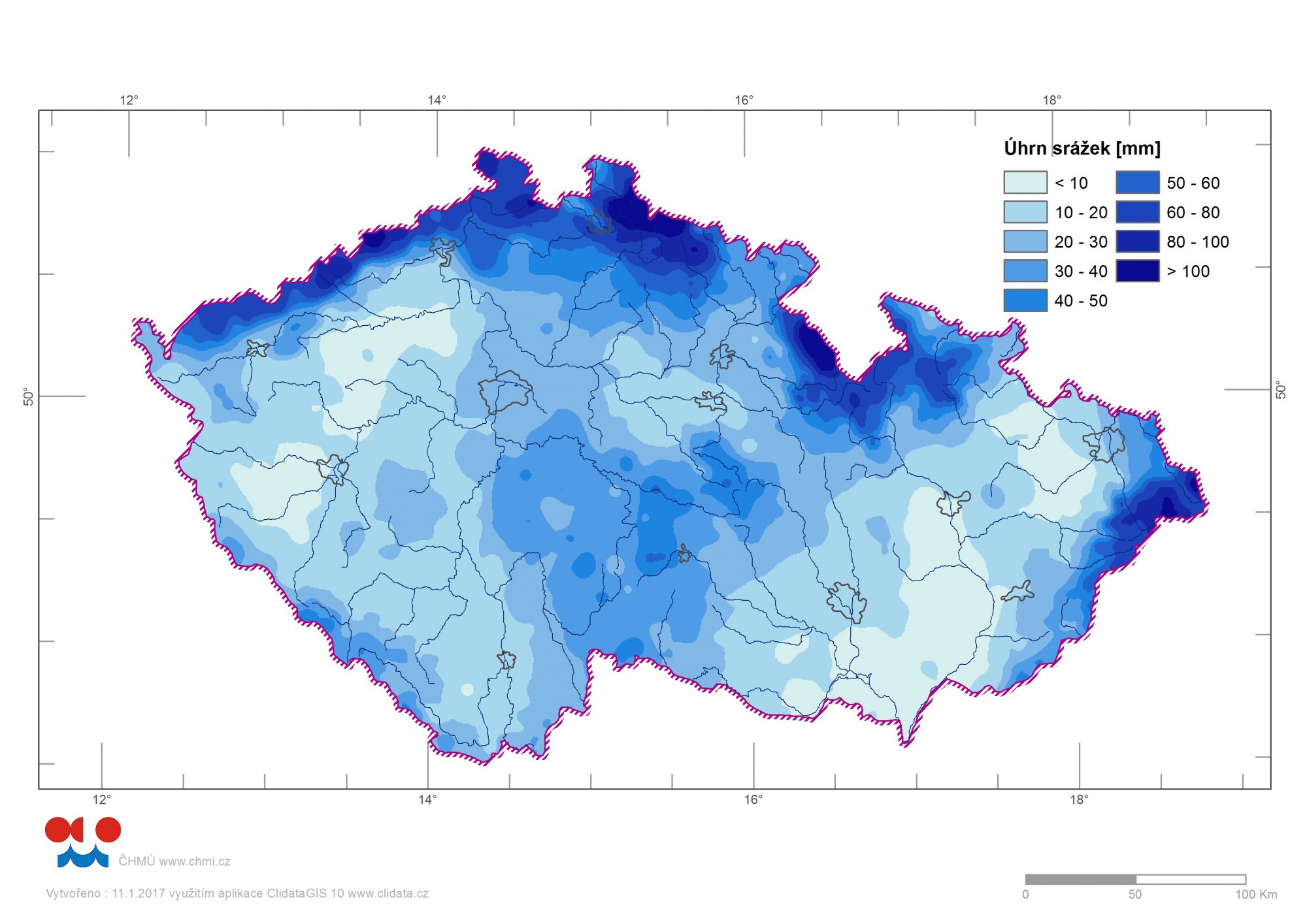 Úhrn srážek spadlých na našem území na přehledové mapce