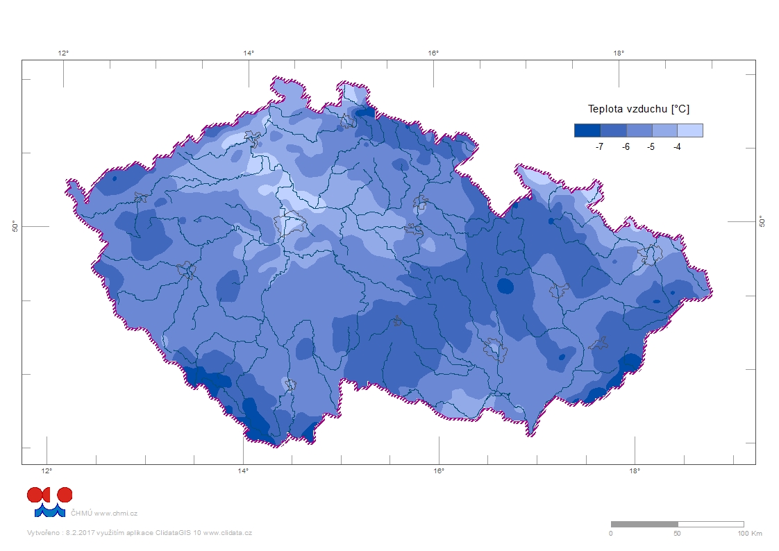 Průměrná teplota vzduchu v lednu znázorněna na mapce republiky