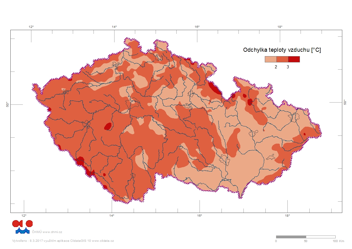 Odchylka teploty vzduchu na našem území v únoru